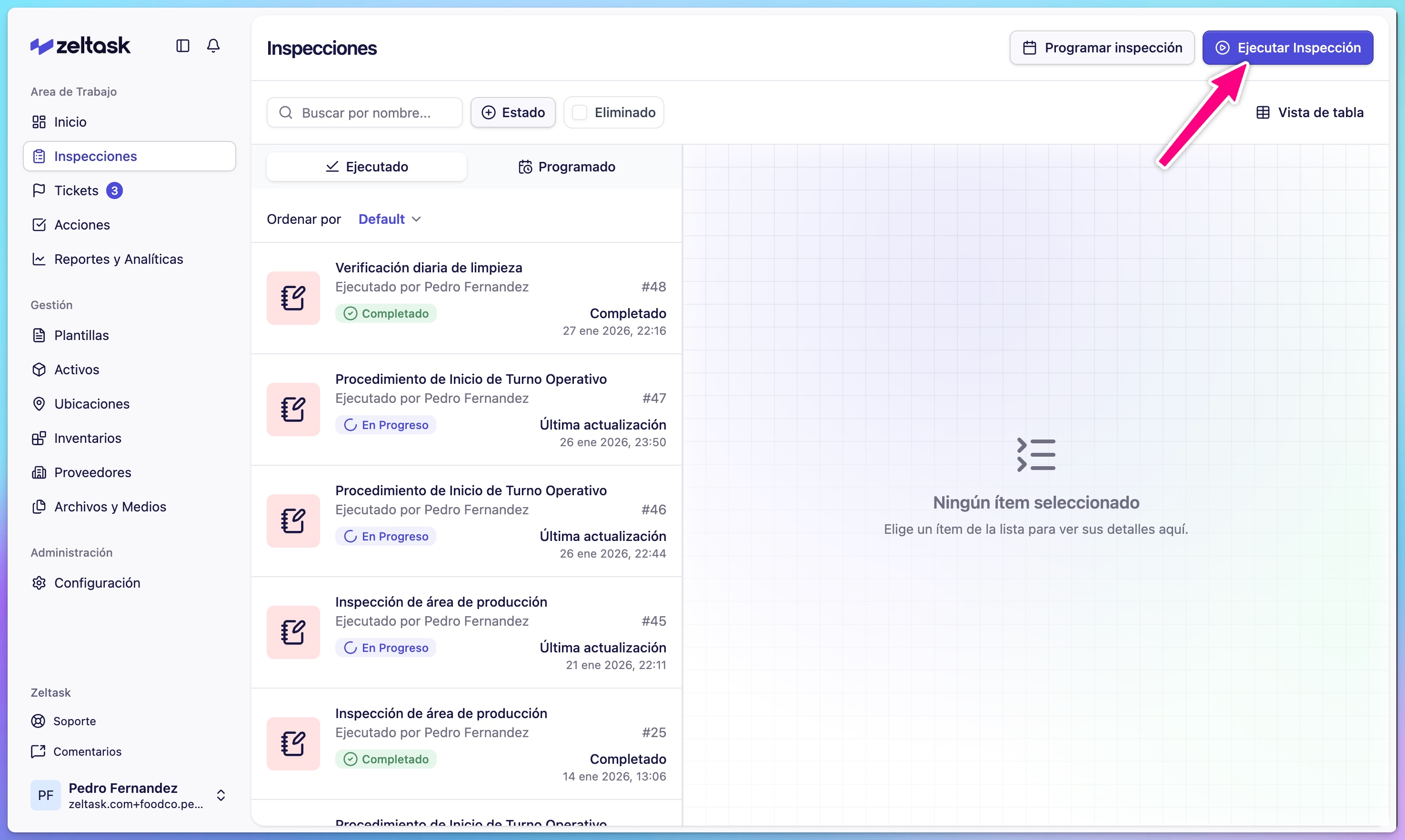 Inspections module with Execute Inspection button highlighted
